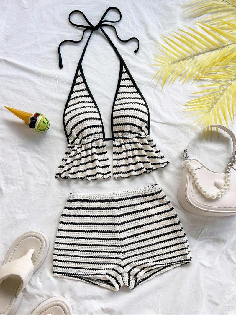 Women's Sexy Colorblock Backless Bow Tie Ruffle Top and Shorts Set, Striped Pineapple Beach Vacation, Two-Piece Summer Ensemble