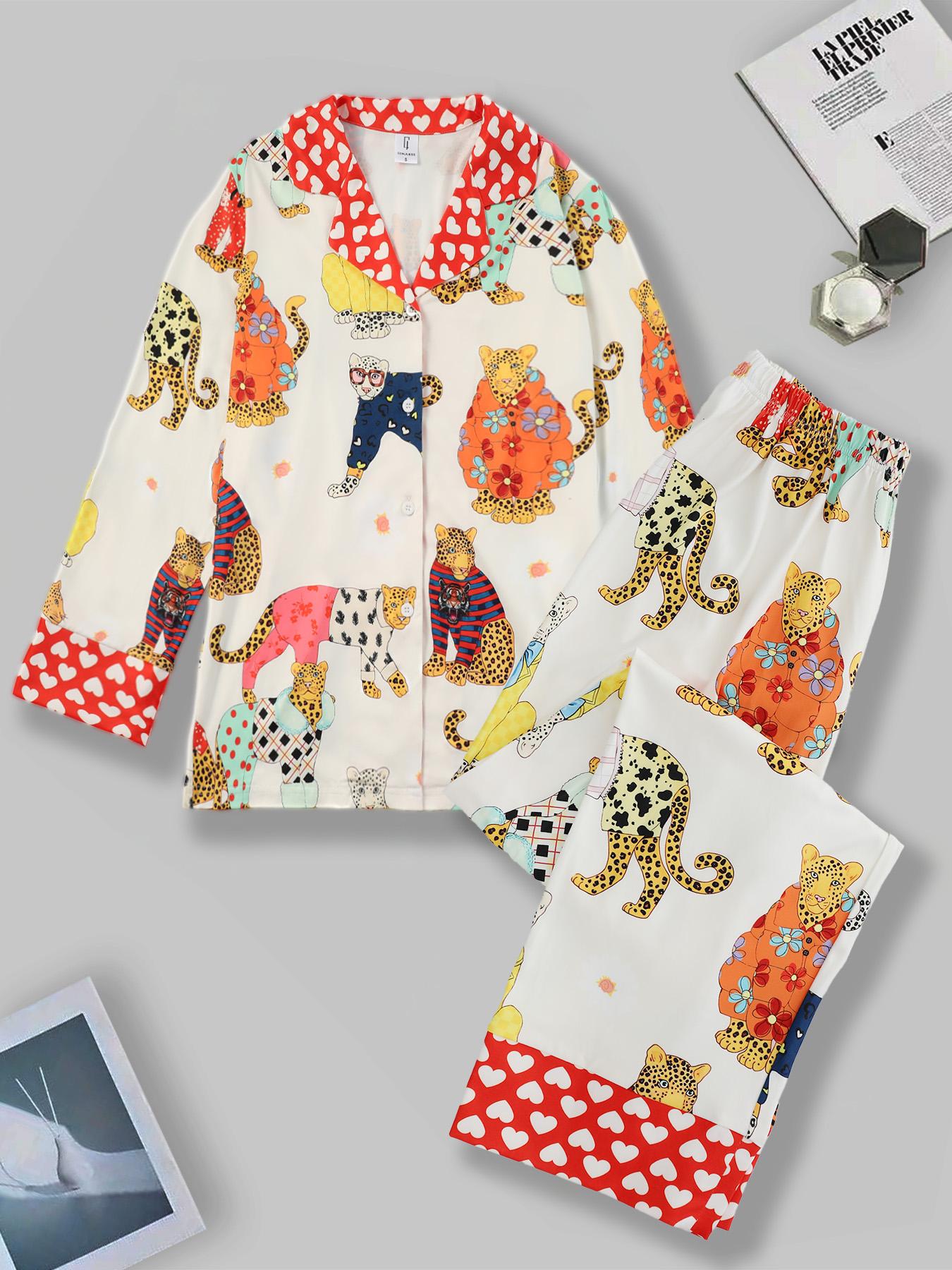 Two-piece Set Women's Heart & Leopard Print Lapel Neck Pajama, Long Sleeve Button Up Top & Elastic Waist Pants Pj Set, Casual Comfortable Sleepwear Loungewear Set for Women