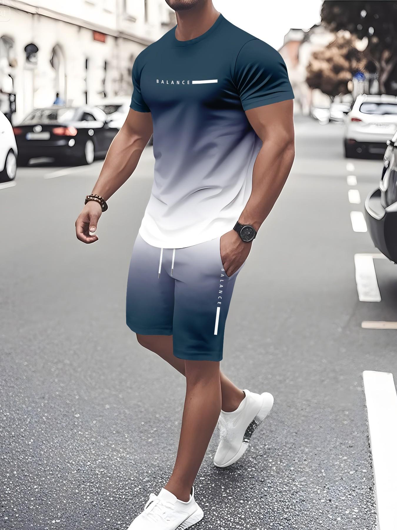 Men's Gradient Fitness Short Sleeve Set, Summer Trendy Sportswear Casual Two-Piece, Fitted Tee and Shorts, Regular Length