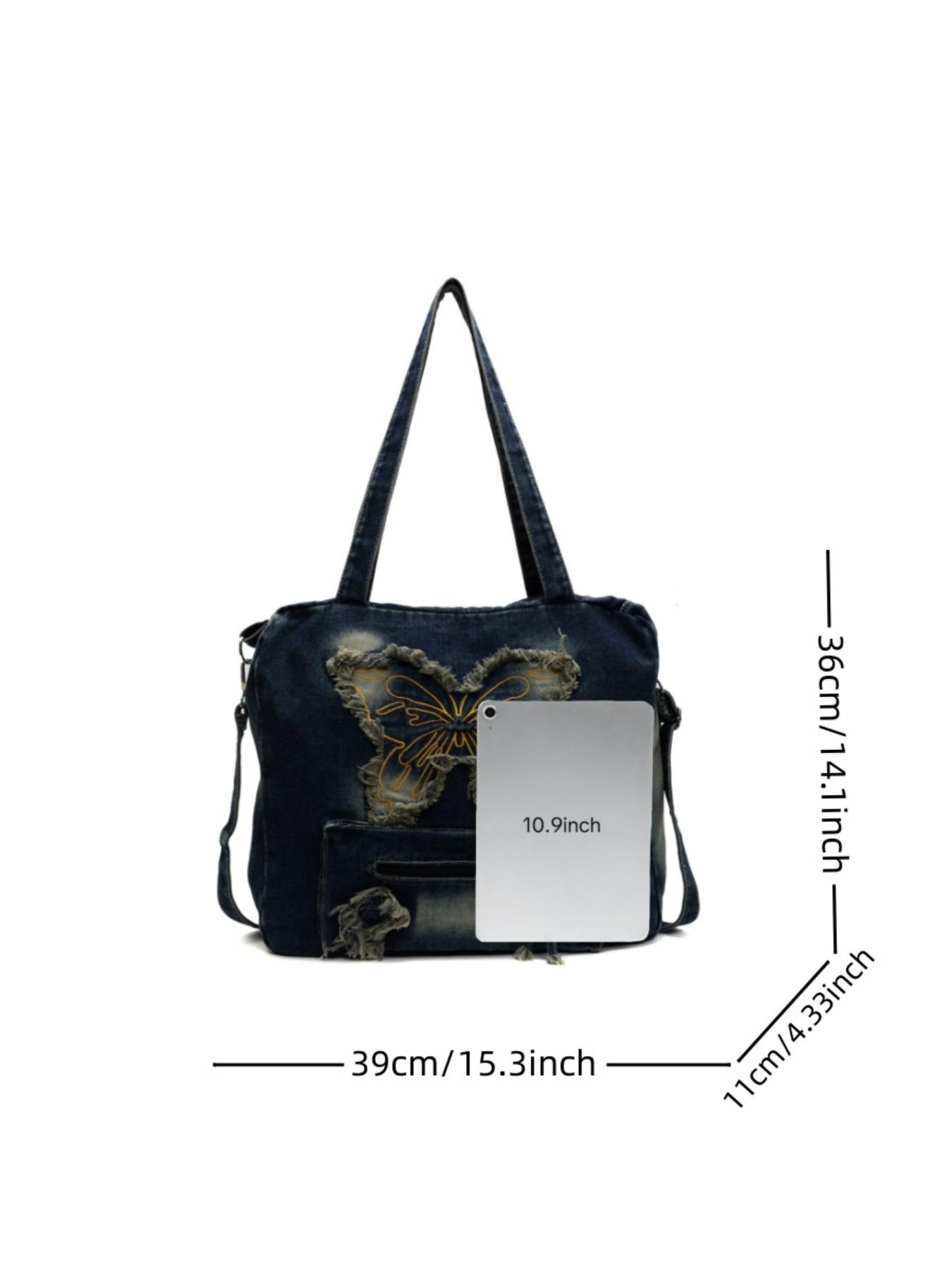 Women's Butterfly Embroidery Denim Tote Bag, Fashionable Large Capacity Shoulder Bag for Daily Used, Casual Trendy Versatile High-quality Daily Commuting Bag