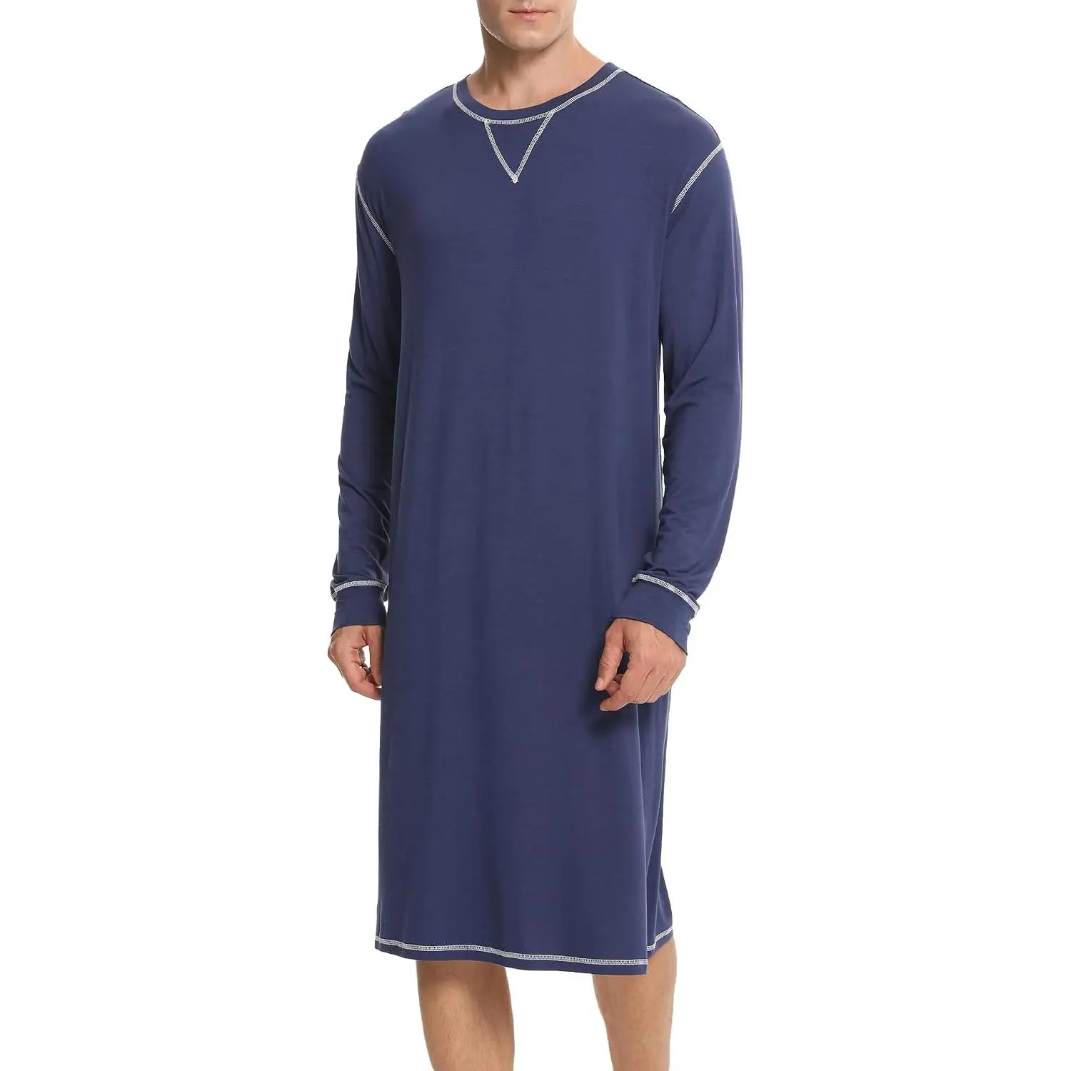 Mens Nightgown Long Sleeve Lounge, Sleep Henley Shirt Pajama Big & Tall Nightshirt Comfy Nightwear S-XXL
