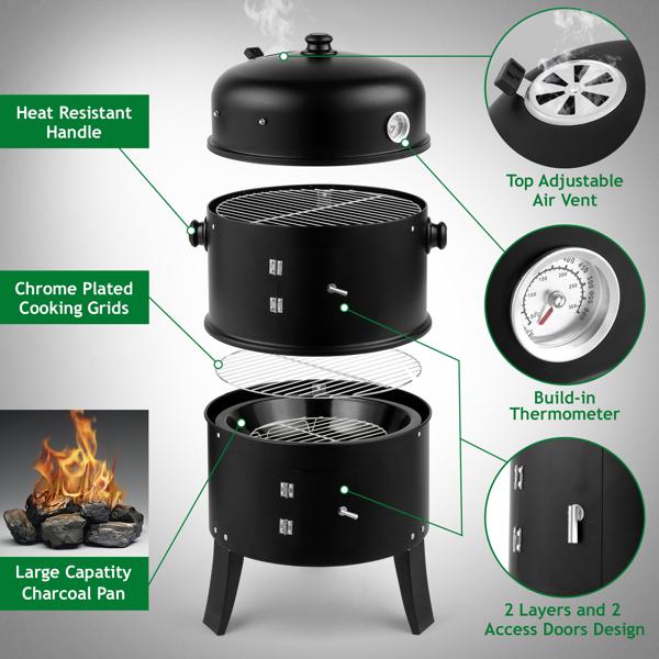 GEEKHOM-USSTORE Vertical 3-in-1 Charcoal Food Smoker BBQ grill with Built-in Thermometer, Air Vent, and 2 Access Doors, Suitable for Parties, Camping, Outdoor Cooking