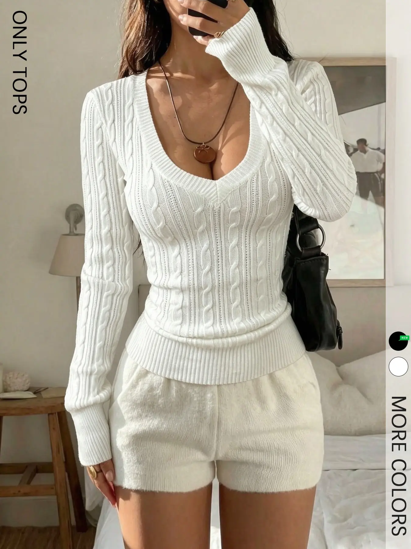 Women's V Neck Cable Knit Sweater, White Slim Fit Long Sleeve Knitted Top, Elegant Basic Jumper For Casual Daily Wear & Dating