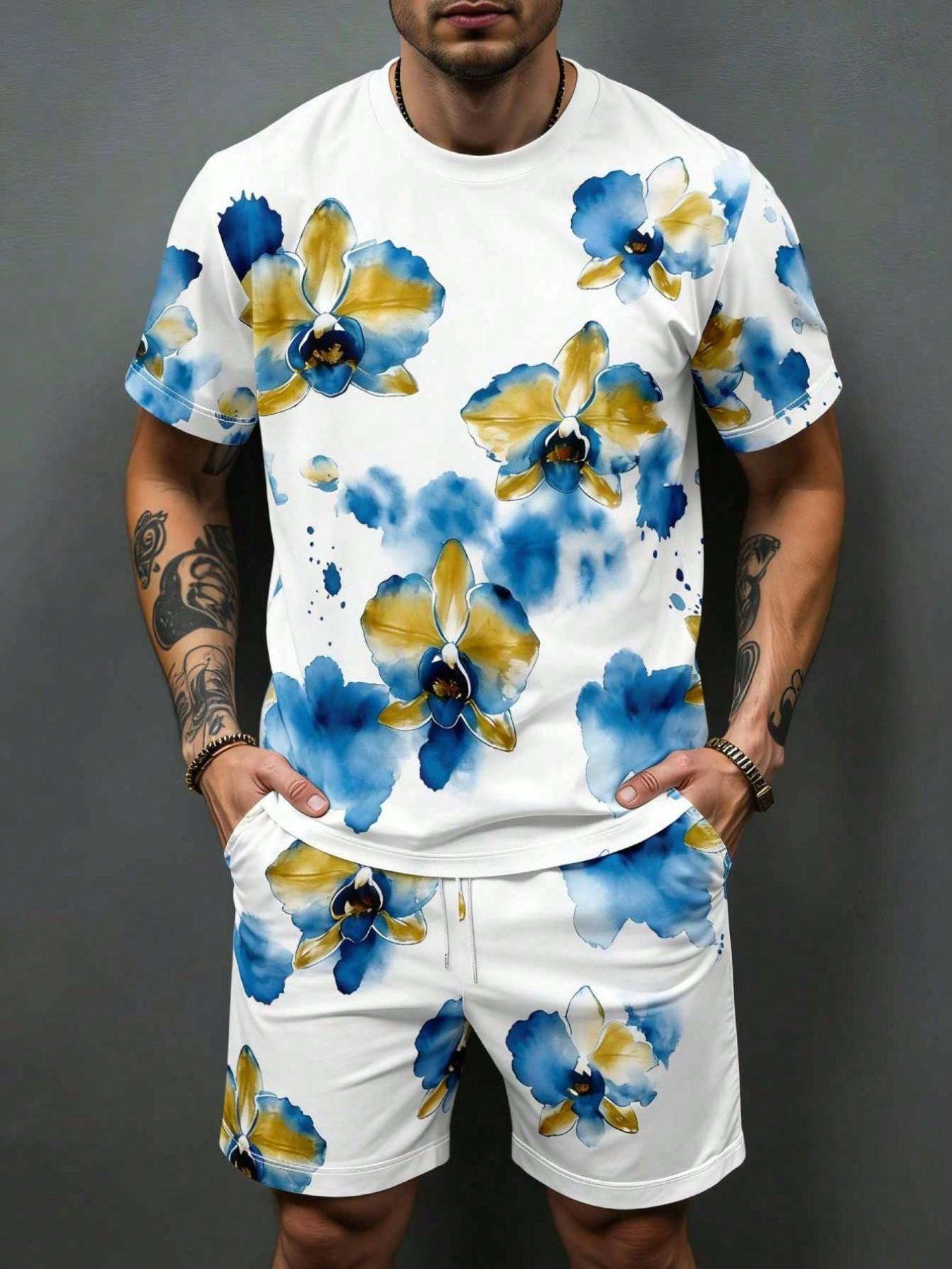 Summer Men's Outdoor Round Neck Short Sleeve T-Shirt and Shorts Set, Floral All over Print, Casual Fitted Style, 2-Piece
