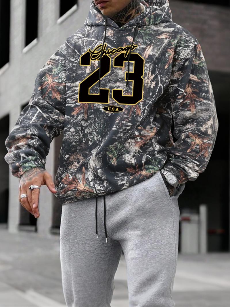 Unisex Men's Camo Print Hoodie, Regular Fit Casual Long Sleeve Hooded Sweatshirt for Fall & Winter, Men's Top for Daily Wear