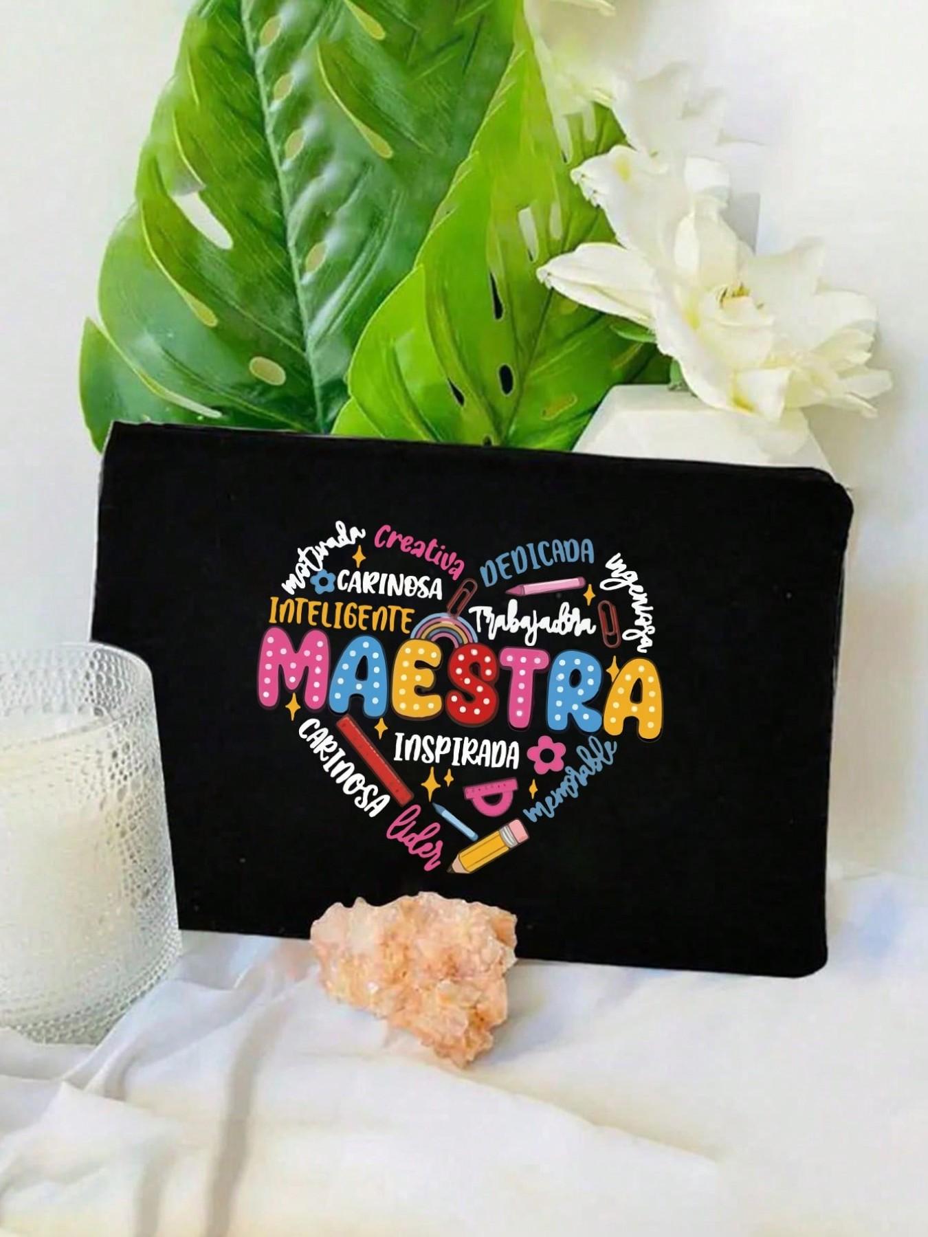 Maestra Theme Tote Bag and Makeup Pouch Set, Heart, Pencil, Ruler, Flower, Paperclip Patterns, Large Capacity Linen Shopping Bag, Skincare Organizer