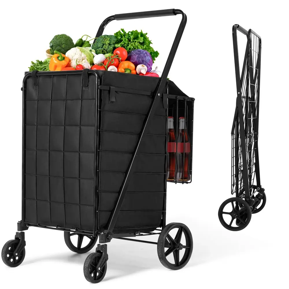 Folding Shopping Cart with Wheels and Double Basket Folding Utility Shopping Cart with Waterproof Removable Lining Portable Lightweight Trolley 180 LBS Capacity for Grocery Laundry