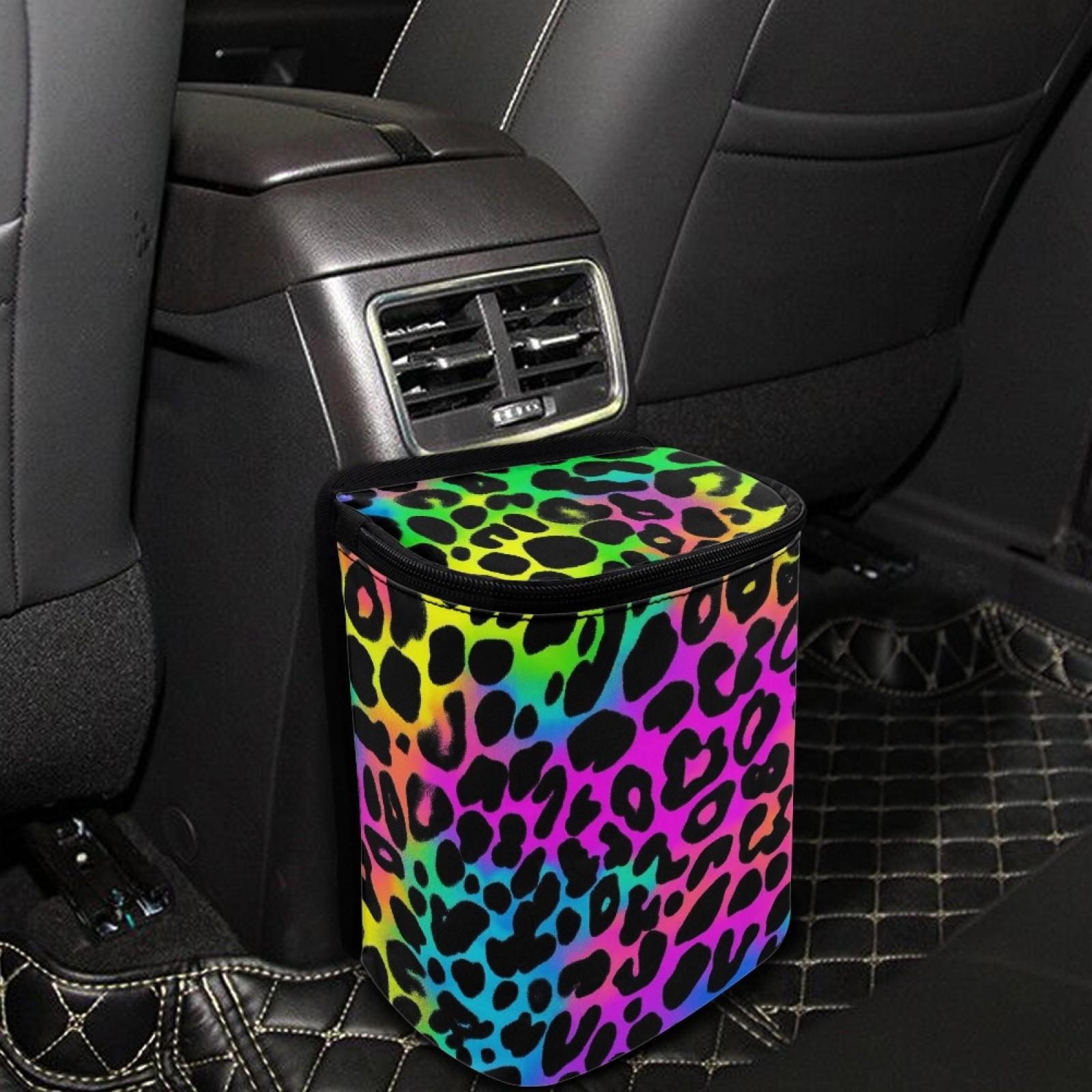 Colorful Leopard Print Polyester Car Trash Can with Zipper Lid, Adjustable and Foldable, Portable Vehicle Bin, Multi-Purpose Storage