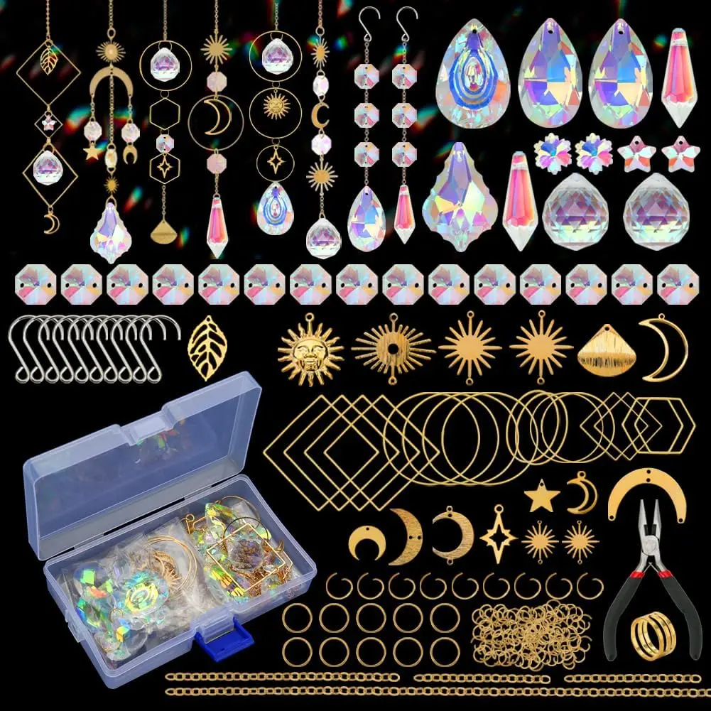 200 pcs DIY Sun Catchers Making Kits Craft for Adults Crystal Suncatchers Supplies Stained Glass Window Hanging Prism Indoor Outdoor Garden Xmas Decor with Rainbow Maker Pendants Chains