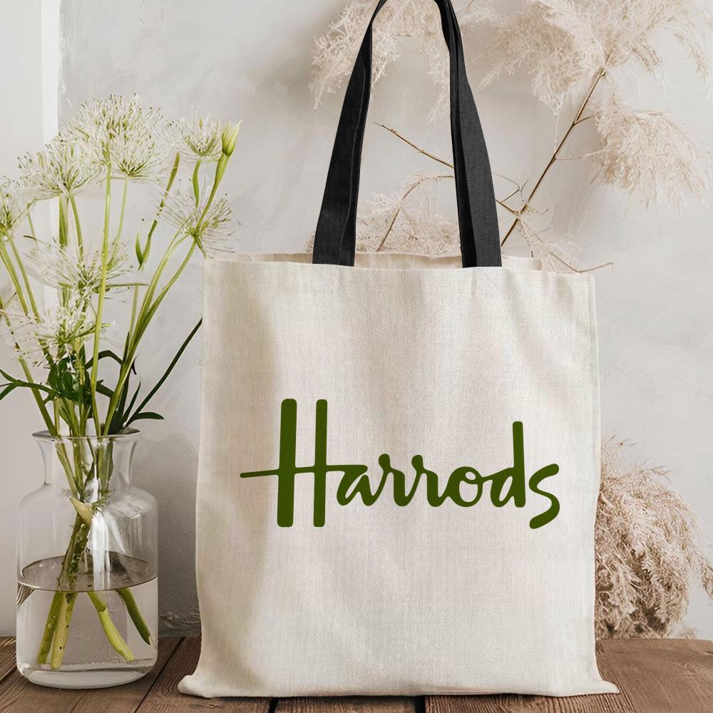 London L-Harrods Knightsbridge Storage Bags Canvas Double-Sided Print Black and White Tote Bag Large Capacity Shoulder Students Festive Fashion Eco Outdoor Picnic Travel High Quality Shopping Bag Machine Washable