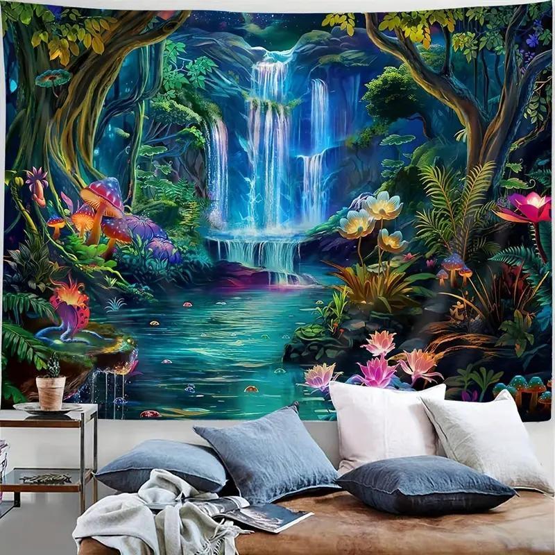 1 Counts Vibrant Jungle Landscape Tapestry - Jungle and Waterfall Prints, Lightweight Polyester Wall Hanging, Comes with Free Installation Kit - Perfect for Living Room, Bedroom, Office Decoration, Jungle Theme Decoration