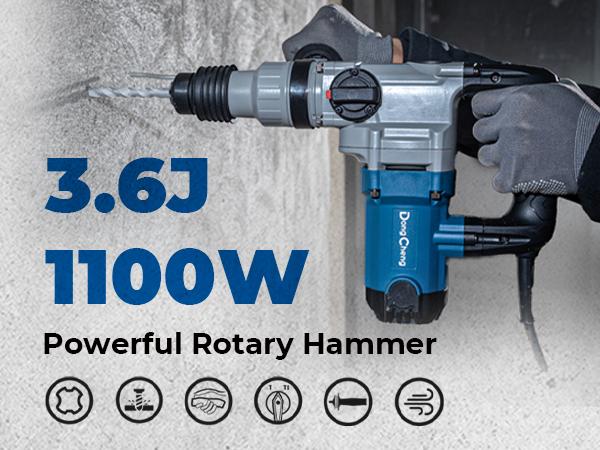 【5-year warranty】DongCheng 1-1/8 Inch SDS-Plus Rotary Hammer Drill with Safety Clutch, 9.2 Amp Heavy Duty Corded Demolition Hammer for Concrete, 3.6 Joules, Including 3 Drill Bits, Flat Chisels and Point Chisels Power Tools