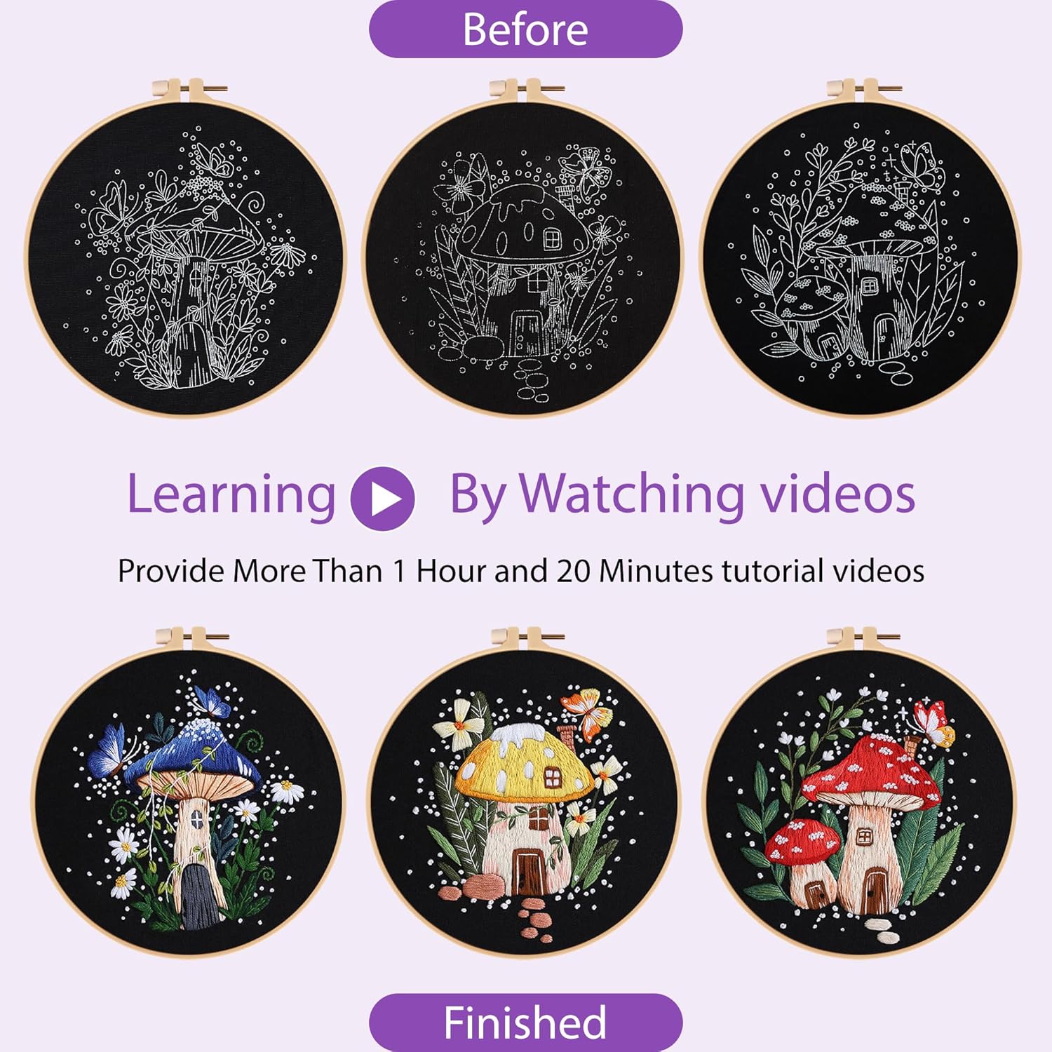 3 Sets Embroidery Kit for Adults Beginners, Needlepoint Kits  Stitch, Hand Embroidery Starter Kit with Mushroom Stamped Patterns, Hoop, Tools, Colorful Threads with , Instructions