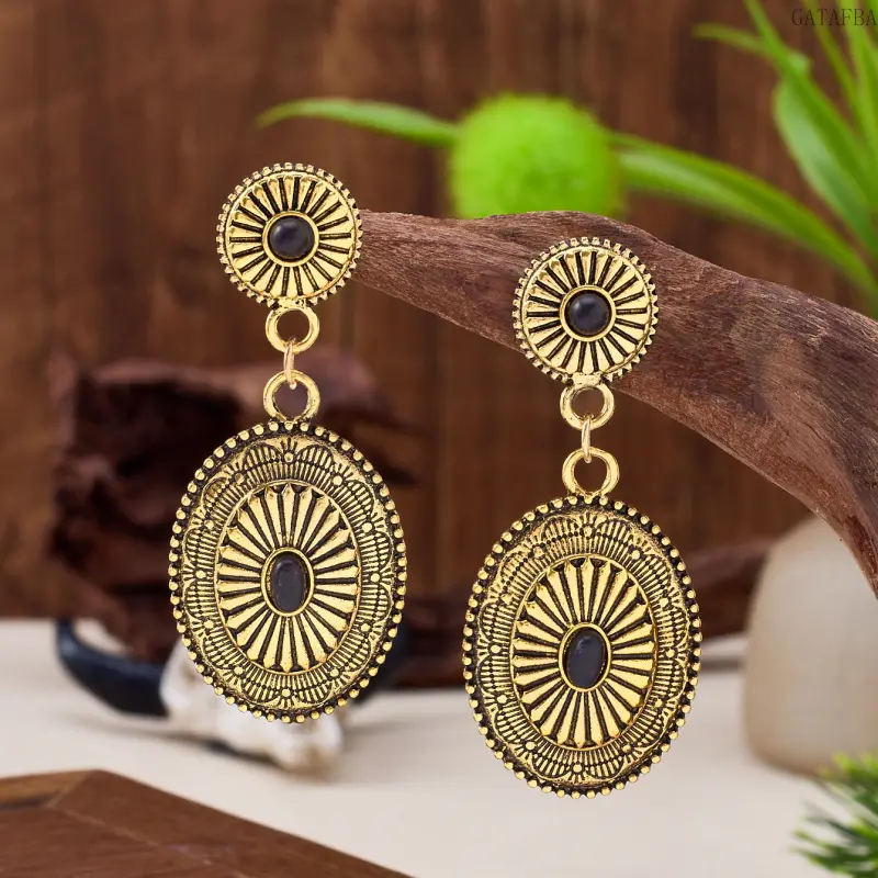 Bohemian Vintage Statement Drop Earrings, Antique Gold Oval Totem Pattern Ear Jewelry for Vacation and Party Outfits