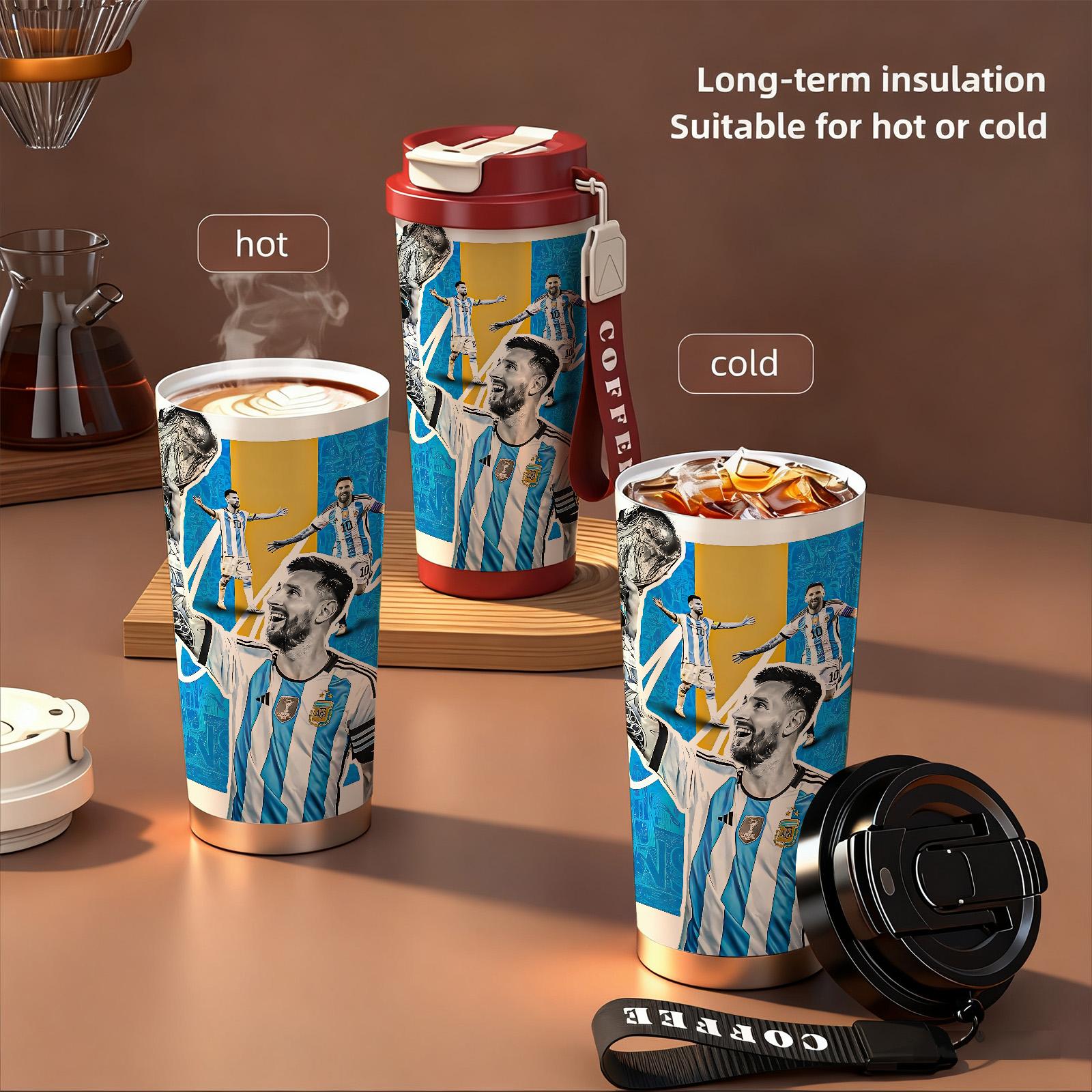 1 Pc insulated mug Messi Argentina champion vacuum cup, double wall stainless steel leak-proof travel coffee tumbler for hot cold drinks, keeps warm 12 h/cold 24 h, 18oz soccer fan thermal mug for women and men, world football lover holiday birthday gift