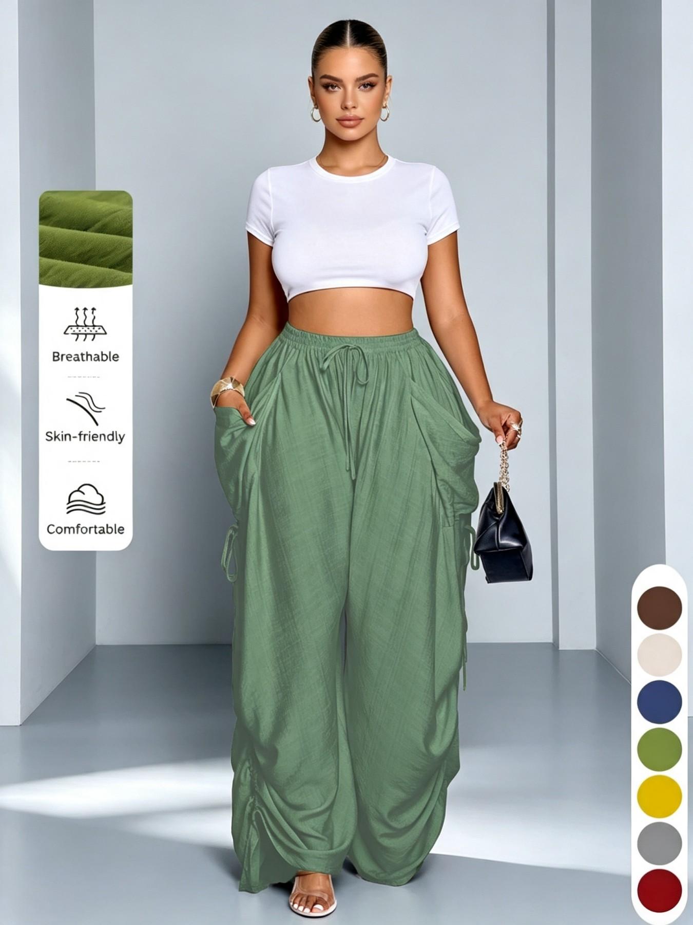 High-Waisted Drawstring Straight-Leg Pants for Women, Casual Comfortable Home Wear, Spring & Fall Fashion, Plain Pattern, Multiple Colors Available