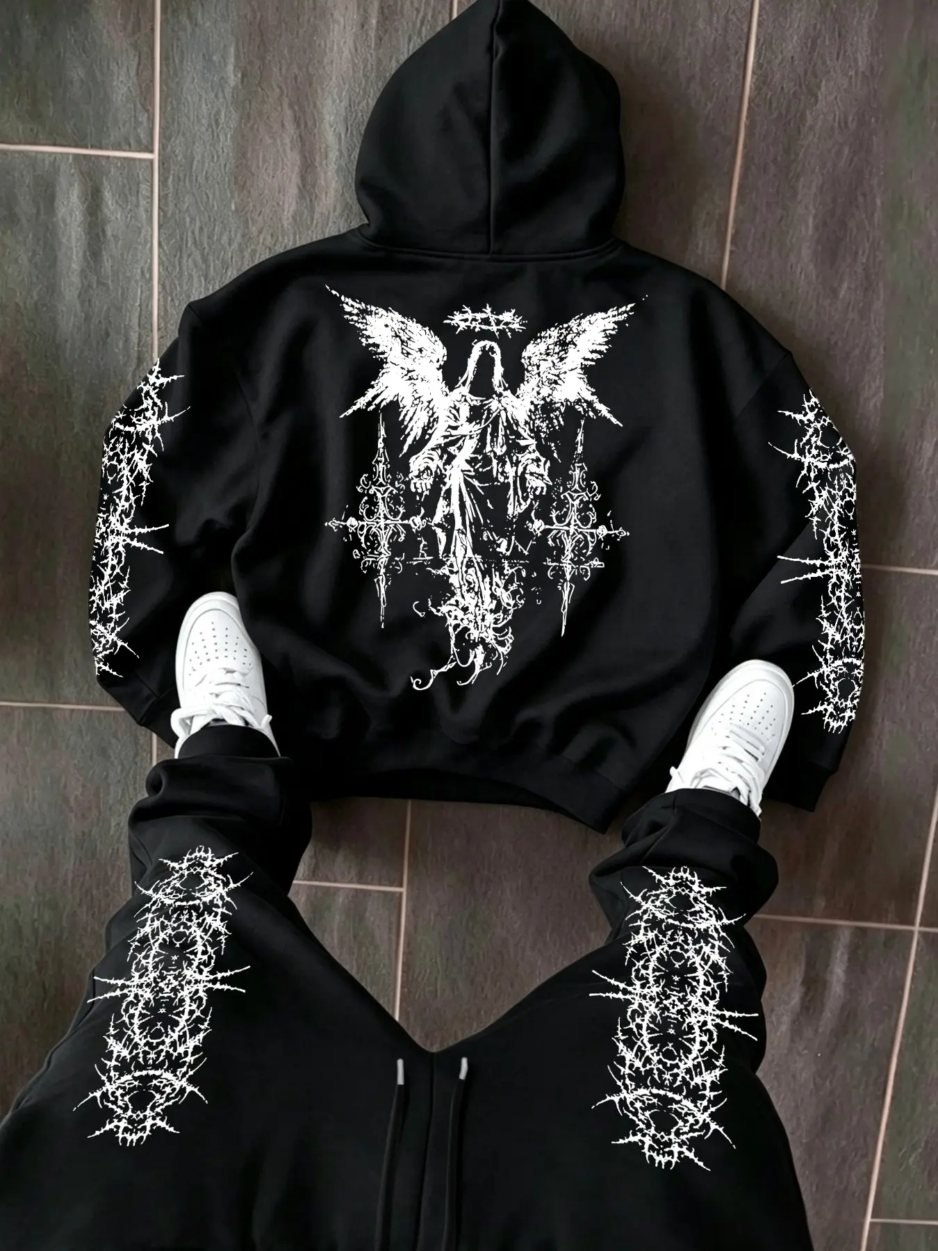 Men 2 Piece Hoodie & Sweatpants Set, Angel Thorn Graphic Print Tracksuit, Y2K Goth Streetwear Loose Fit, Oversize Matching Outfit, Dark Punk Casual Sweatsuit #TracksuitSet #GothFashion #Y2KStreetwear #MensMatchingSet #GraphicHoodie #PunkStyle #StreetOOTD