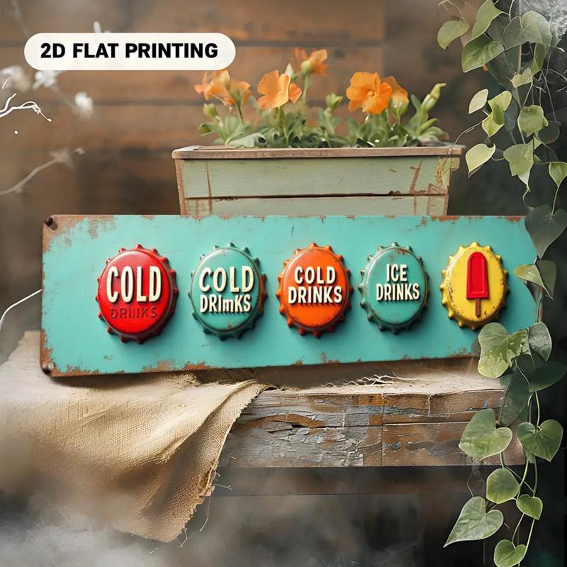 1PC 2D Plane Retro Turquoise Retro Restaurant Cold Drink Menu Board - Large Size 3.9x 15.7inch Iron Metal Sign, with Hat Ice Cream Beer Soda Icon, Can Be Hanged/Wall-Mounted, Suitable for Bars, Restaurants, Cave Decorations - Ideal Gift for Iced Coffe