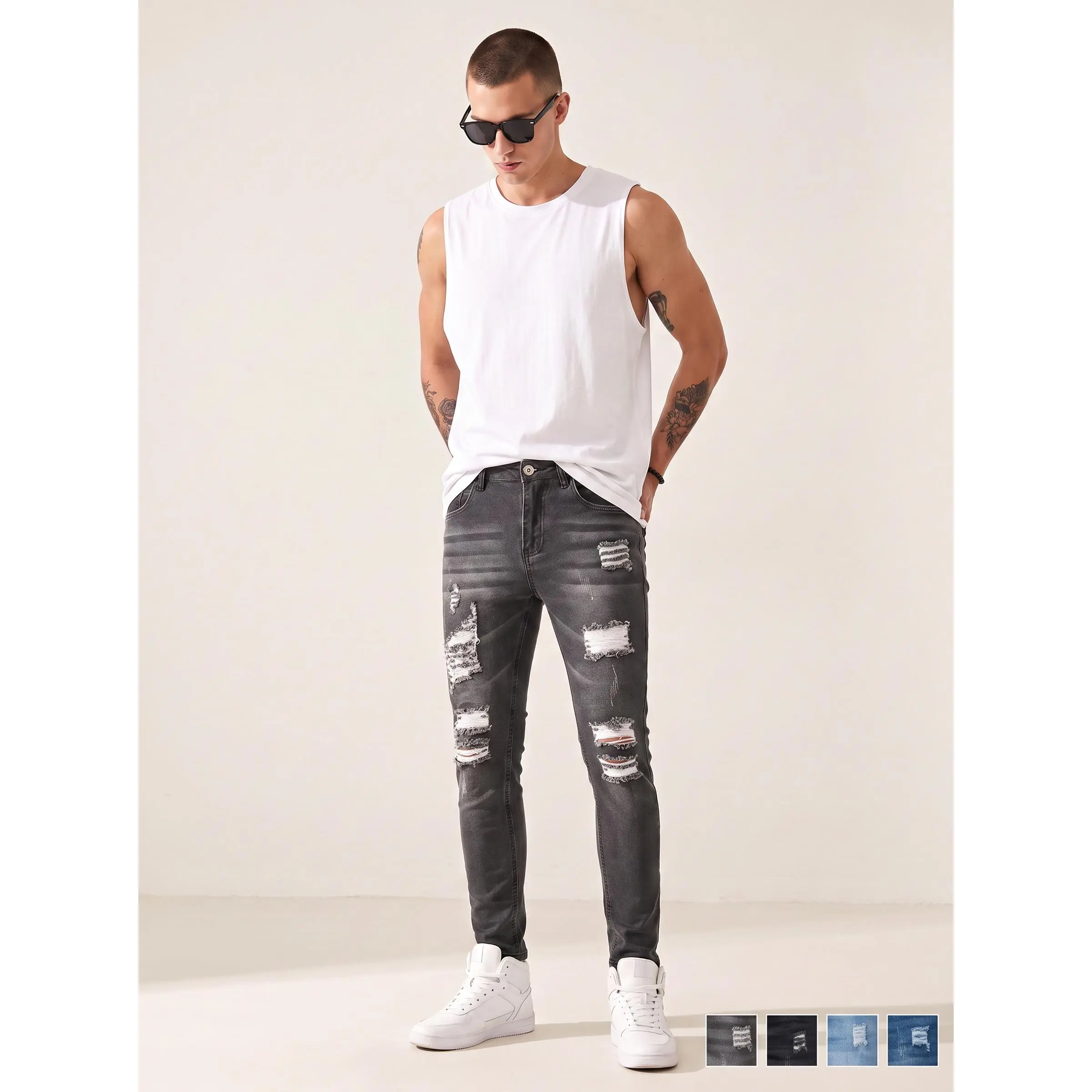 Men's Casual Slim-Fitting Long Distressed Denim Jeans - Low Rise, Medium Elasticity, Medium Weight, Soft, Solid Color, Below Ankle, Pocket Design - Cold Wash, Machine Washable, Menswear Trousers for Daily Wear, High Street Style, Distressed Look