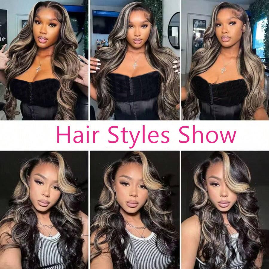 Highlight Ombre Lace Front Wig Human Hair Wear To Go Wig Pre Cut 5x5 Lace Closure Wigs Blended Hair Body Wave Lace Front Wigs Pre Plucked 5x5 Glueless Lace Wig P1B/27 Brown Highlight Wig 200 Density Colored 26 Inch Balayage Wigs for Women