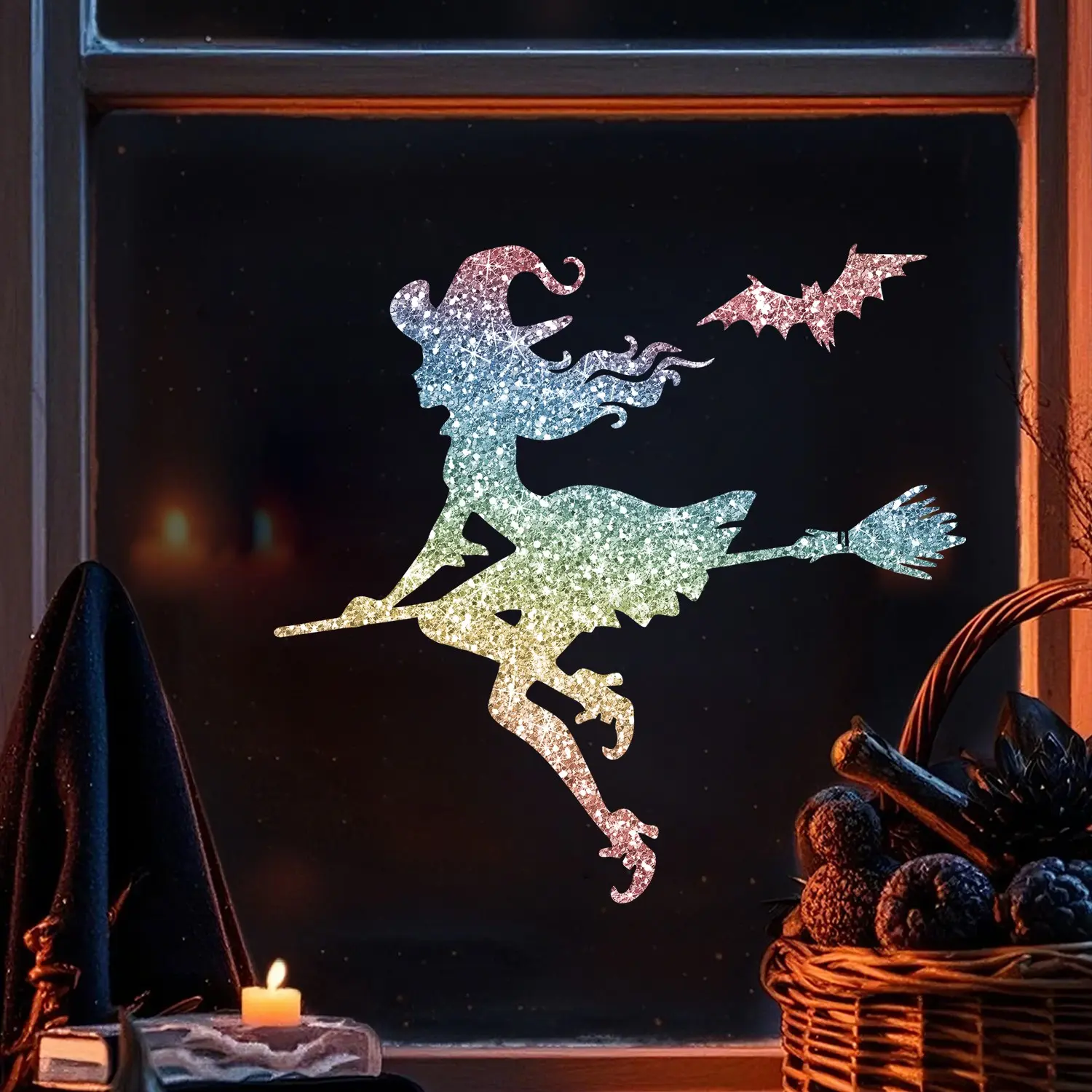 1pc Glittery Witch And Broom Sticker - Halloween Vinyl Sticker With Flying Bats Glittering Sequin Decal Suitable For Windows Cars Laptops Home Decor - Durable Self-Adhesive Cartoon Witch Design Easy To Apply Halloween Stickers