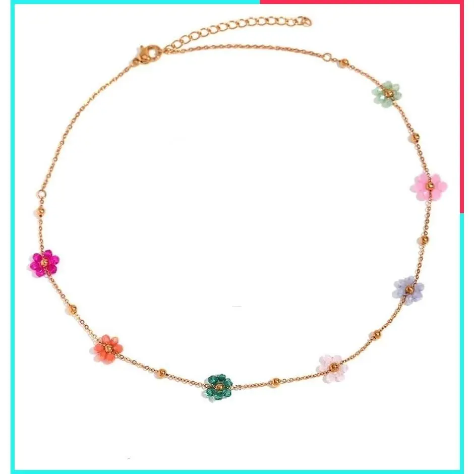 Flower Beaded Ball Choker Necklace for Women, Colorful Crystal Daisy Flowers, 18K Goldtone Plated Stainless Steel, Adjustable Chain 15"+2" Gift Jewelry