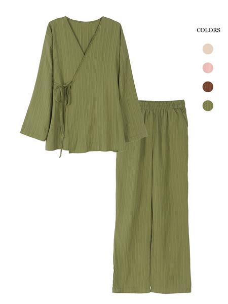 Women's Casual Loose-Fitting Tie Front Top & Pants Set, Elegant Daily Wear with Pockets, Comfortable Long Sleeve