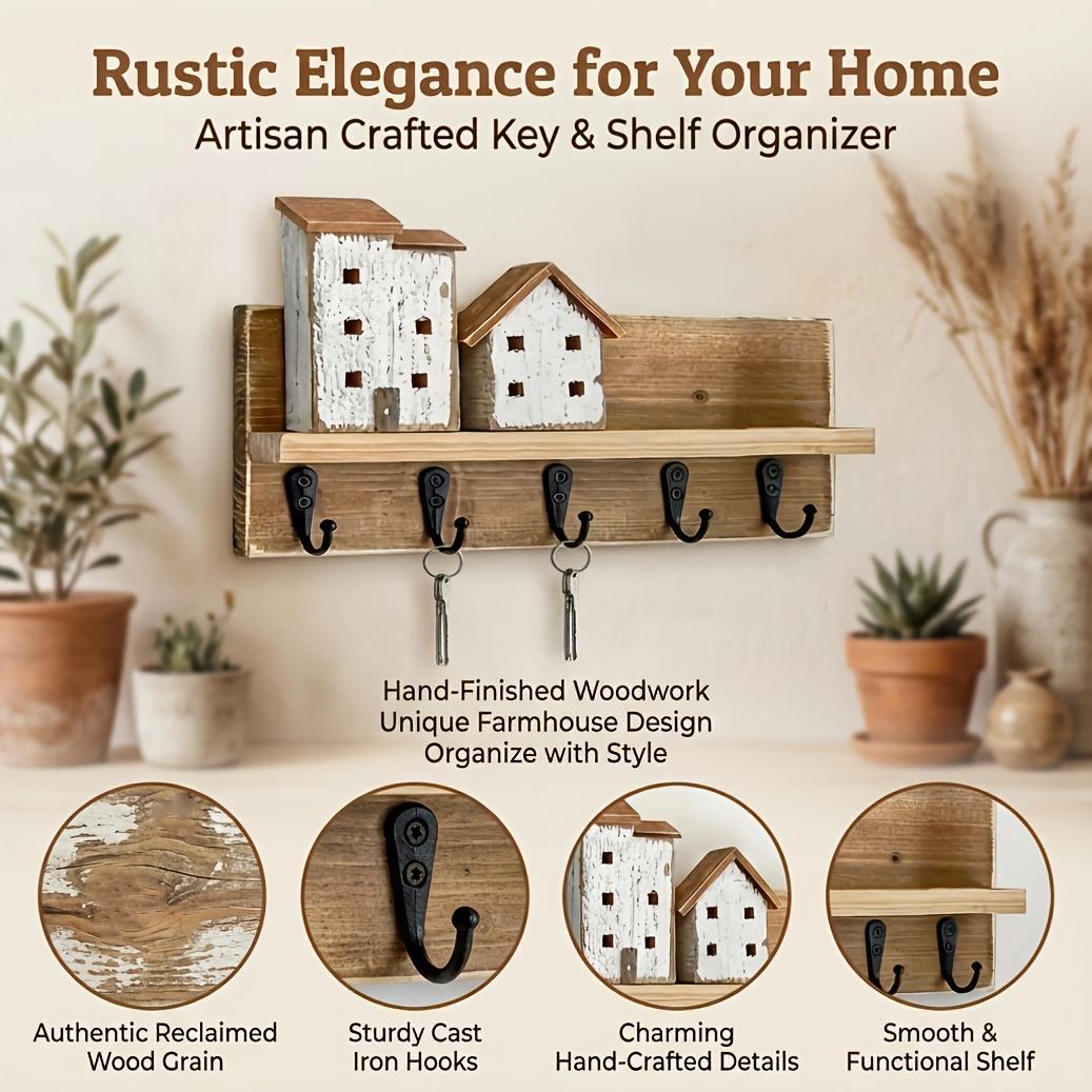 1pc 3D Rustic Wall-mounted Key Holder with 5 Hooks, Wall-mounted Key Rack, Wooden Entryway Organizer with Hooks, Suitable for Bedroom, Home Wall Display, Art Wall Storage, Art and Craft Wall Display Rack, Key Hook and Coat Hook