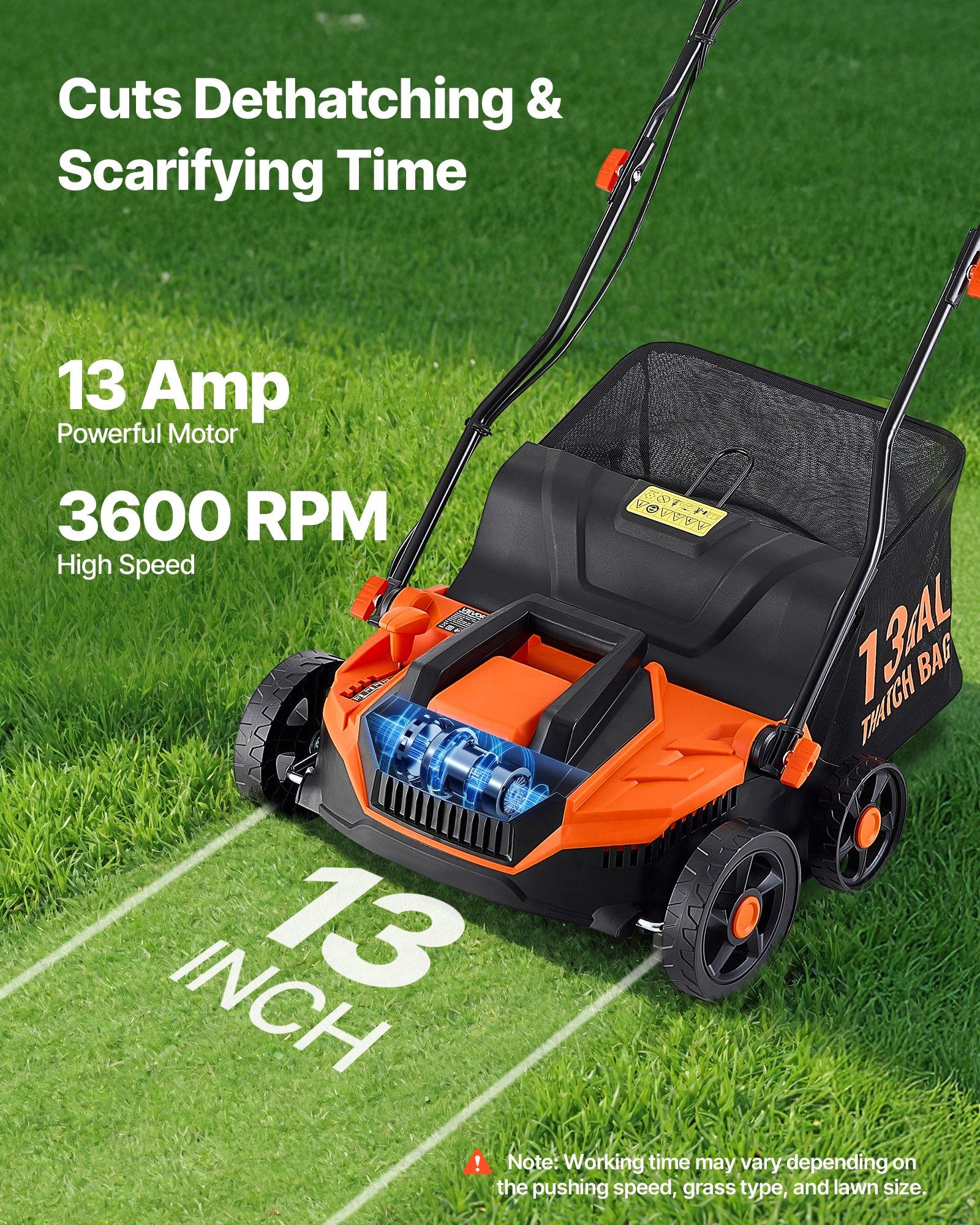 VEVOR 2-in-1 Electric Dethatcher and Scarifier, 13-Inch 13 Amp, Corded Lawn Dethatcher with 13-Gallon Thatch Collection Bag, 5-Position Depth Adjustment, Walk Behind Machine for Garden Yard Grass