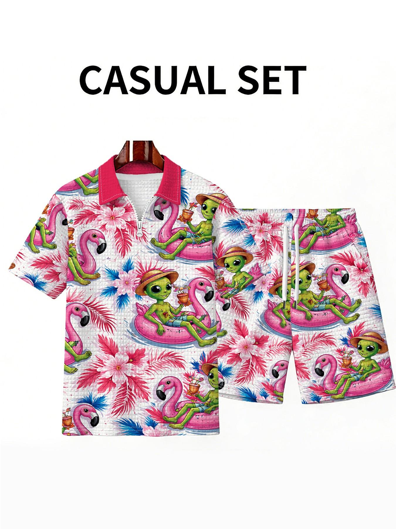 Men's Humorous Firebird Alien Print Polo Set, Large Size Zipper Design, Summer Casual Breathable Beach Wear, Loose-Fitting Blouse