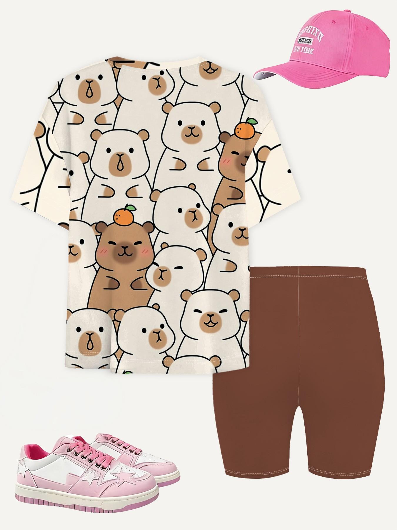 Girls' Summer Capybara Series T-Shirt and Shorts Set, Full Print Cartoon Design, Casual Streetwear, Perfect Gift for Kids, Outdoor Wear