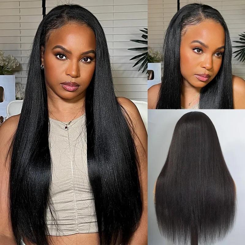 Recool Hair Yaki Loose Body Burmese Curly Yaki Straight V Part Wig Invisible Drawstring Human Hair Wig 180% 250% Density Real Scalp No Leave Out Glueless Wig High-Quality 100% Human Hair Beginner Friendly