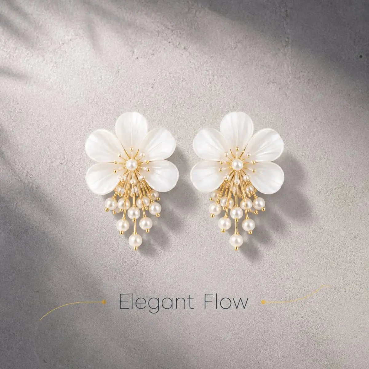 Women's Gold-Toned Flower Drop Earrings - Mother-of-Pearl-Style Petal Studs with Simulated Pearl Tassel Dangles, Elegant Wedding Party Costume Jewelry, Female Adults' Accessories Gift, Accessories Adults Female