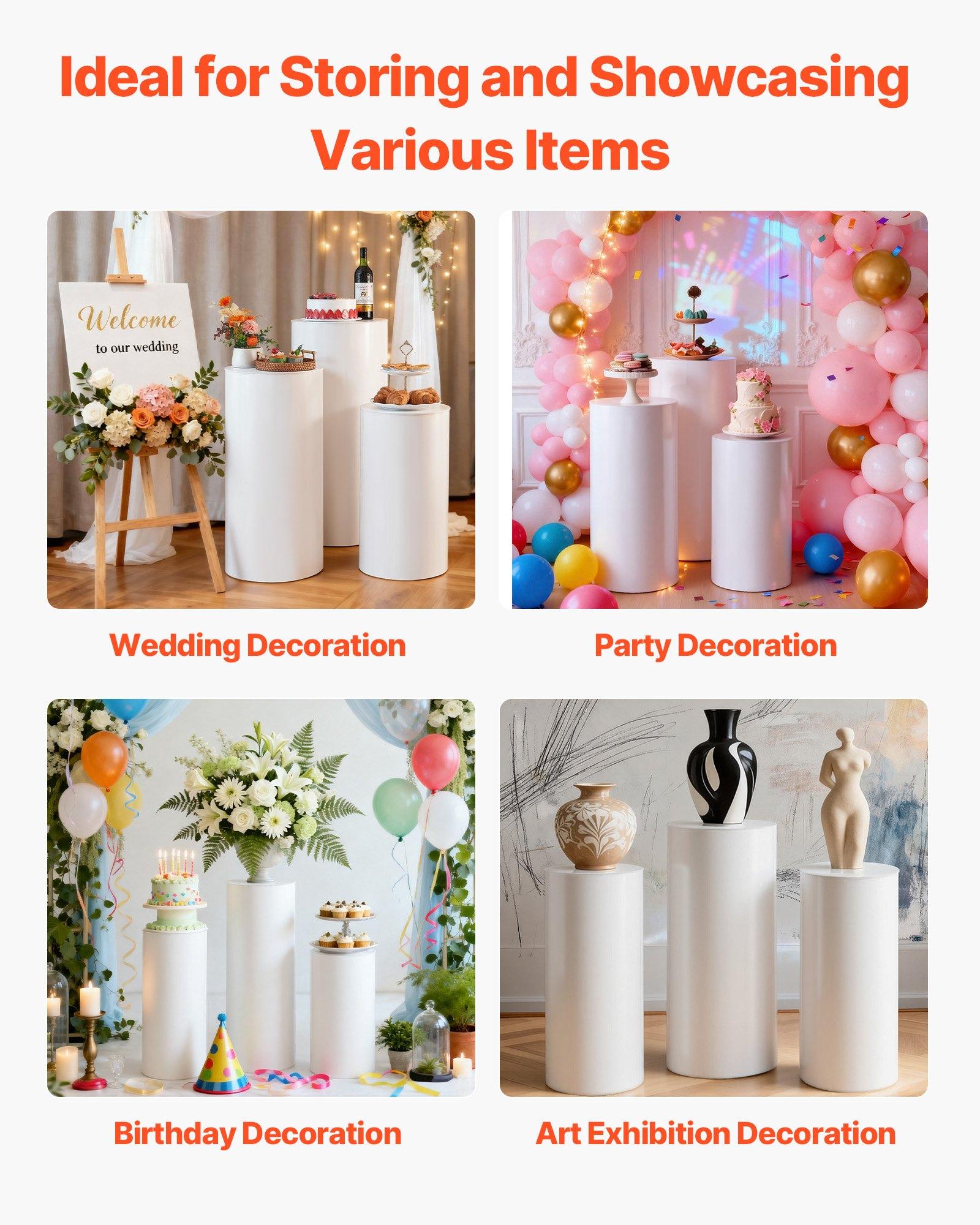 VEVOR Wedding Flower Stand, 3PCS 23.62/29.53/35.43 inch Round Cylinder Plinth, White Pedestal Stand with PVC Lid, Cylindrical Pedestal Stands for Wedding, Party, Birthday, Art Decor, 33.07 lbs Load