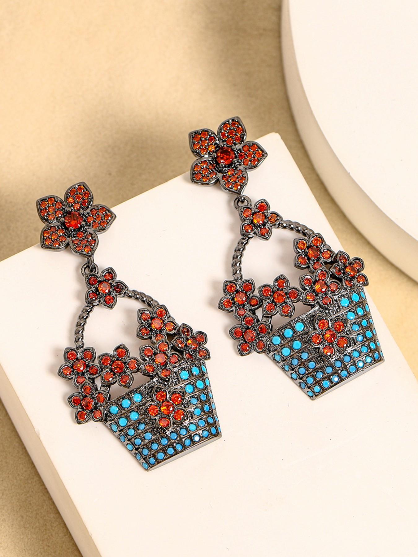 QY Elegant Floral Basket Earrings, Silver Color Dangle Earrings, Large Size with Sparkling Cubic Zircon, Perfect for Formal Events, Women's Jewelry Perfect Gift