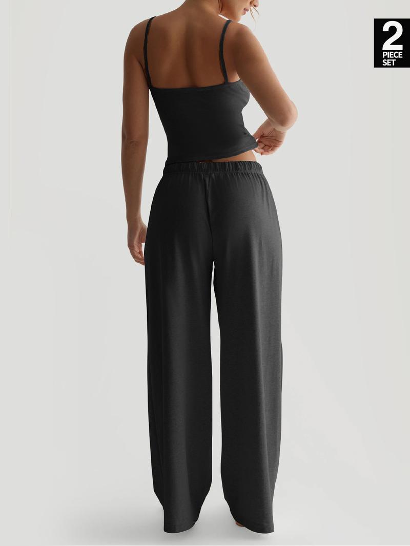 Women's Solid Cami Top & Wide Leg Pants Loungewear, Casual Comfy Pyjama Set for Women, Women's Sleepwear for Summer, Homewear, Pajamas