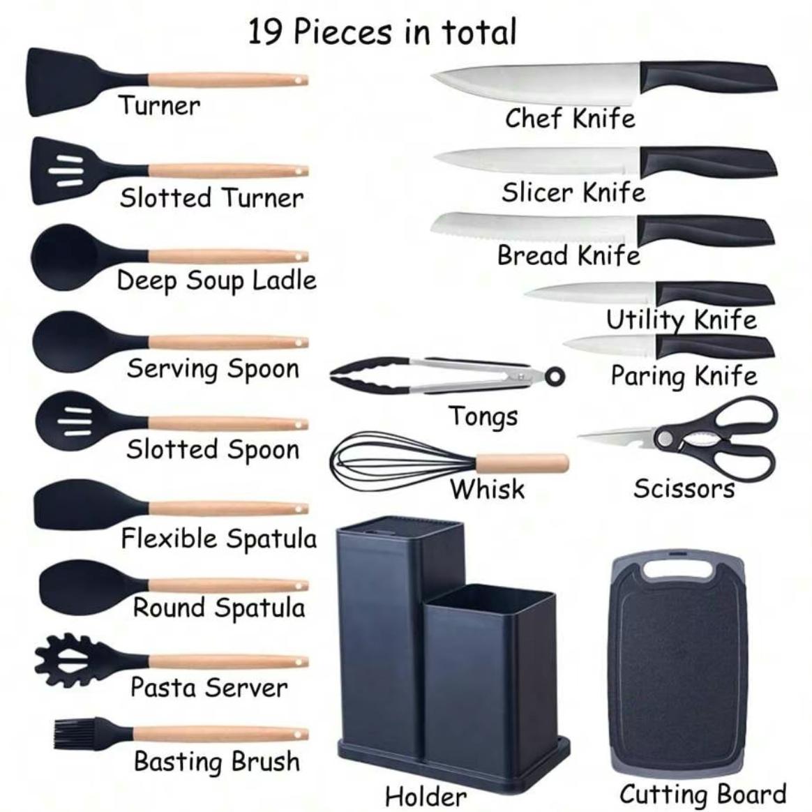 19 Piece Silicone Kitchen Utensils Set with Wooden Handle & Knives - Heat-Resistant, Non-Stick Cooking Tools & Storage Bucket - Perfect Kitchen Gadgets for Easy Cooking and Cleaning Cookware Barrel Stainless Steel kitchen