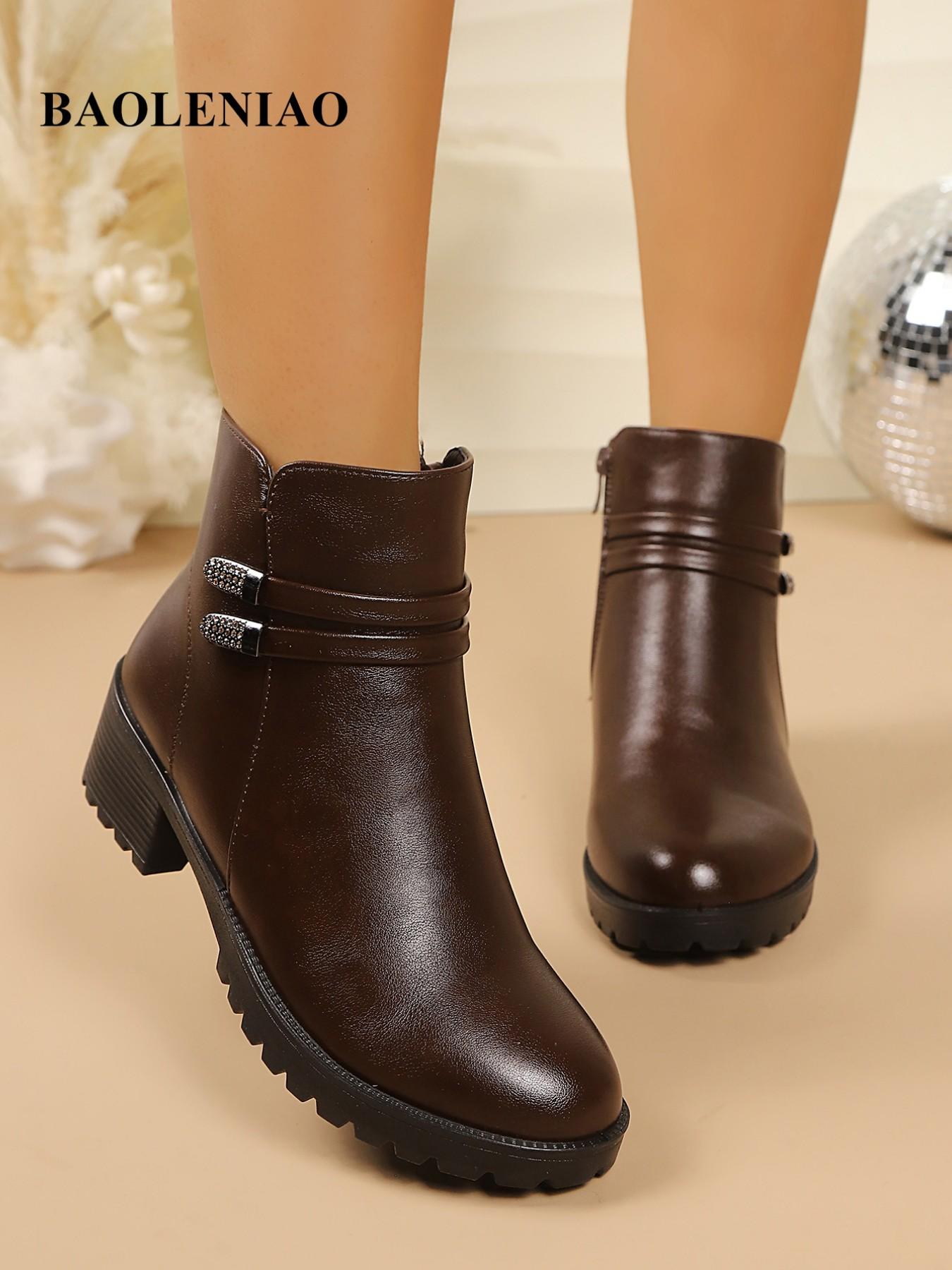 Women's Winter Short Ankle Boots, Fashionable Boots, Rhinestone Decor Side Zipper, Boots With Zipper, Anti-Slip Chunky Heel Leather Warm Chelsea Boots, Daily Wear