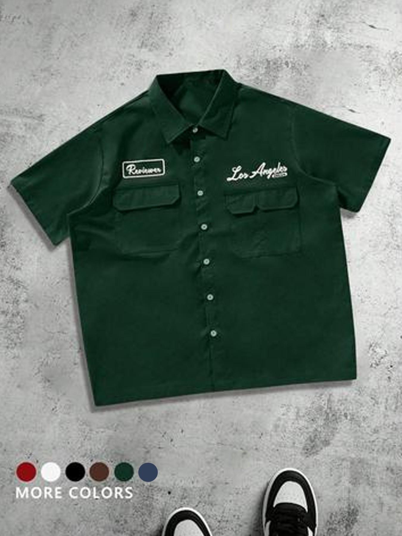 Men's Plus Size Casual Loose Fit Work Shirt, Button Front, Square Short Sleeve, Multiple Pockets, Urban Style, Perfect Gift