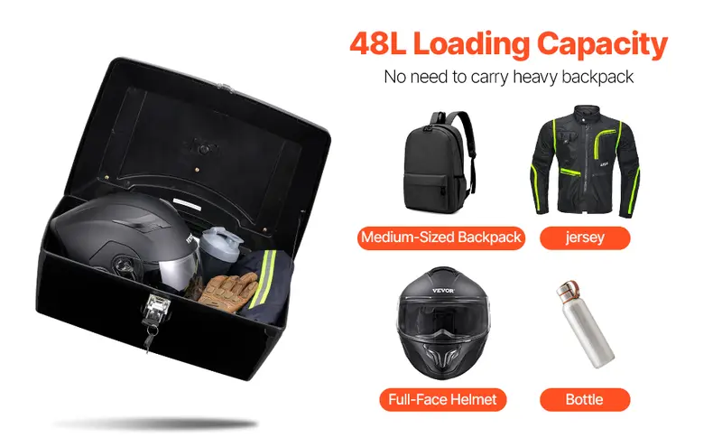 VEVOR 48L PP Plastic Motorcycle Trunk, Universal Durable Motorbike Top Case with Reflective Panel, Waterproof Detachable Multi-Hole Base, Lumbar Support Back Cushion, Extra Storage Space, Easy Loading, Fits 99% of Frames for Daily Travels