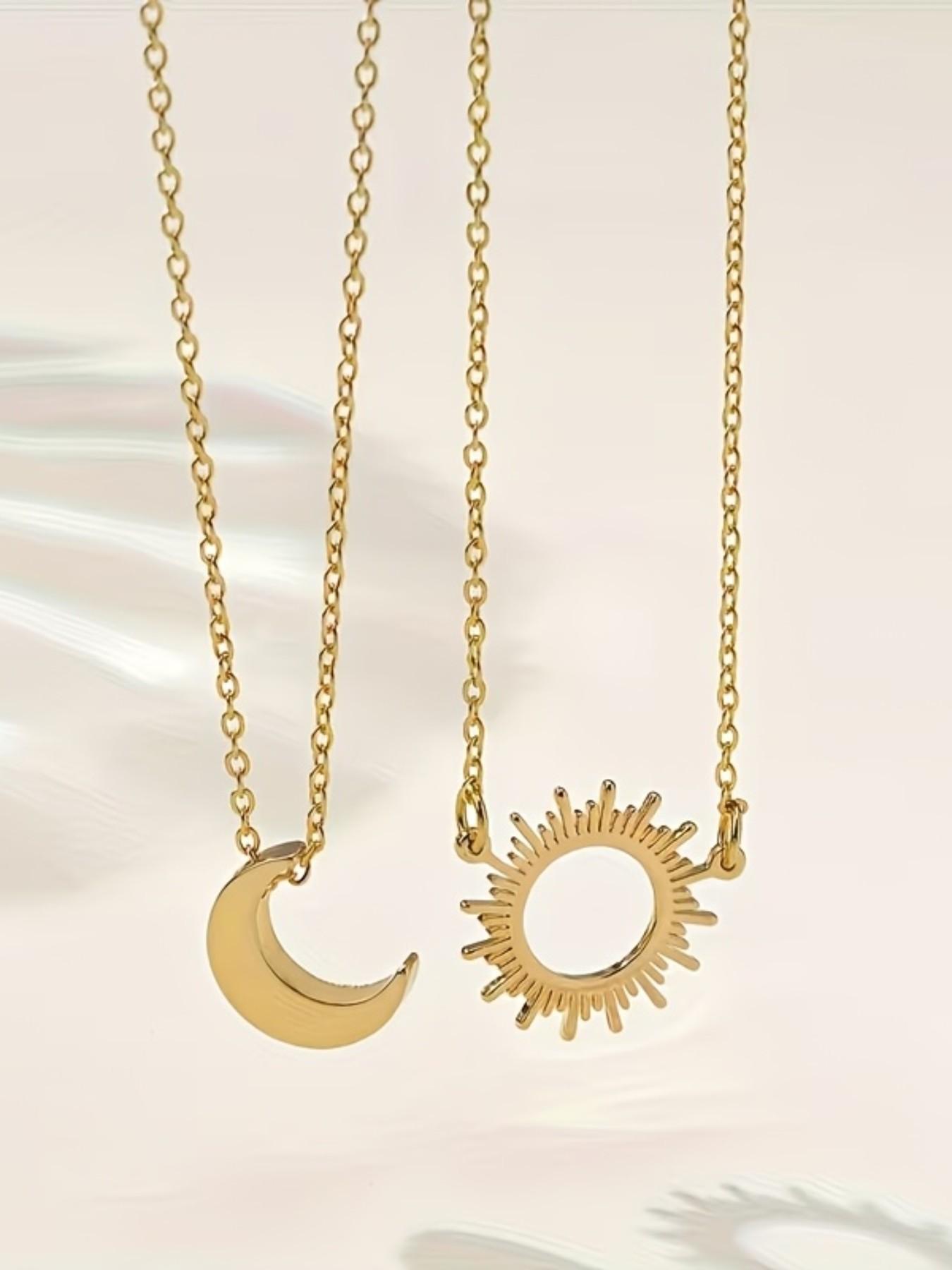 2 vintage Bohemian style sun and moon pendant necklaces, women's 18K gold plated stainless steel double-layer layered necklace, perfect for summer and beach vacation decoration