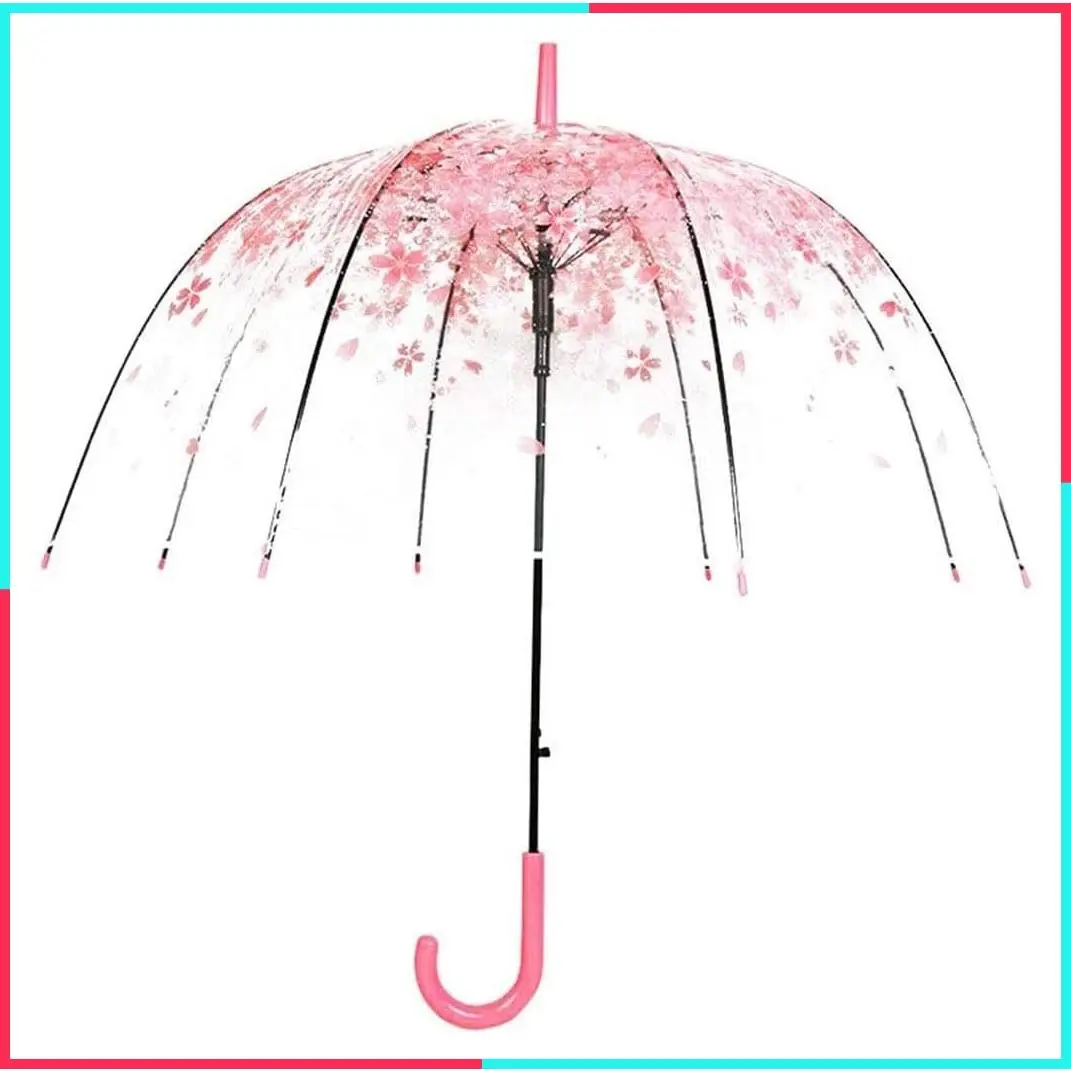 Cherry Blossoms Transparent Bubble Umbrella Clear Dome Semi-Automatic Sunny Umbrella for Kids Girls Boys Women Romantic Windproof Wedding DecorationGift