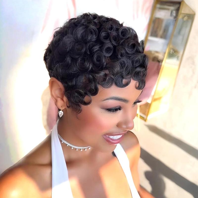 Short Curly Human Hair Wig Pixie Cut Wigs for Black Women Short Layered Curly Pixie Cut Wigs With Bangs Natural Black Color for Daily Use Glueless Full Machine Made Wig Short Curly Human Hair Wig Pixie Cut Wigs for Black Women Short Layered Curly Pixie Cut Wigs With Bangs Natural Black Color for Daily Use Glueless Full Machine Made Wig