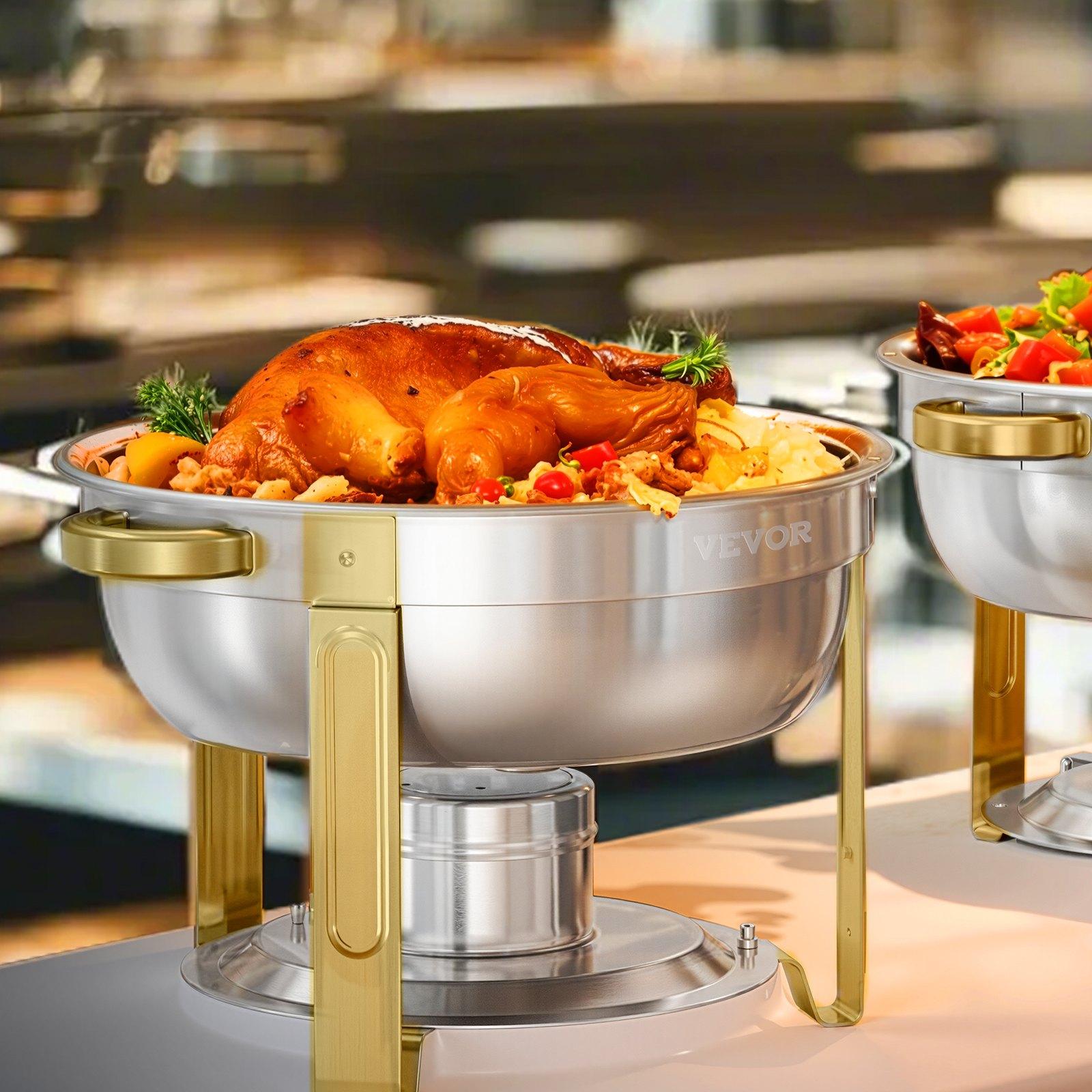 VEVOR 4-Piece Round Shape Stainless Steel Buffet Set, 5 Qt Full Size Stainless Steel Pans, Glass Lids, Water Pans, Folding Stands, Fuel Holders, Gold Catering Warmers for Wedding, Banquet