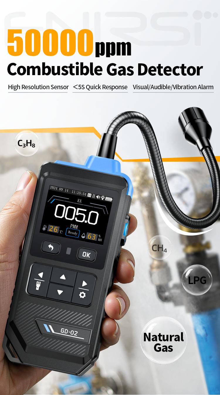 FNIRSI GD-02 Portable Gas Leak Detector 50000PPM Color Screen Display Methane LPG Detection with 36cm Probe 3 Alarms for Home Security System