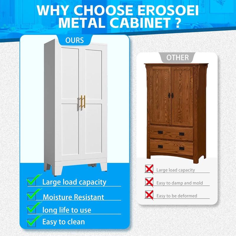 Metal Pantry Cabinet with 2 Doors and Adjustable Shelves Available in four sizes: 47"61" 71" 75" Kitchen Storage Cabinet with Gold Handles - Versatile Storage for Kitchen, Bathroom, Dining Room, Utility Room