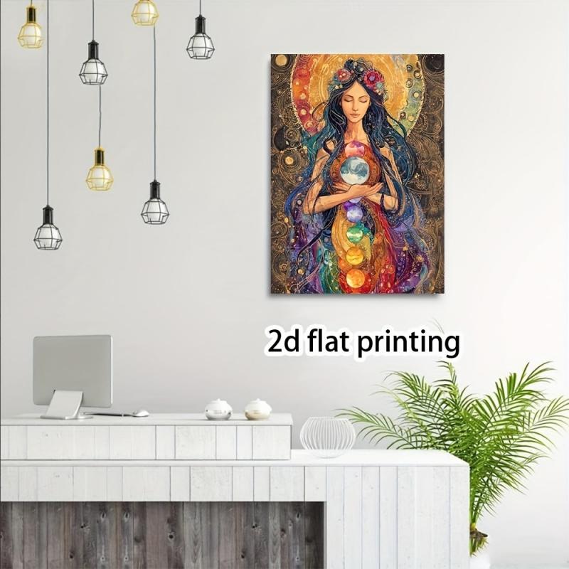 1pc Gaia Goddess Wall Art - Bohemian Celestial Earth Goddess Painting with Deep Blue & Golden Tones, Wrapped Canvas Framed Print Suitable for Living Room, Bedroom, Office - Natural Soul Art, 2D Flat Goddess Art Print, Perfect Room Decoration