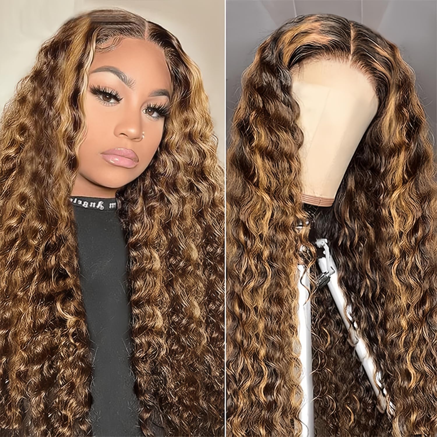 4/27 Highlight Lace Front Wigs Human Hair Pre Plucked Bleached Knots 180% Density 13x4 HD Ombre Honey Blonde Deep Wave Human Hair Wigs with Baby Hair 30inch