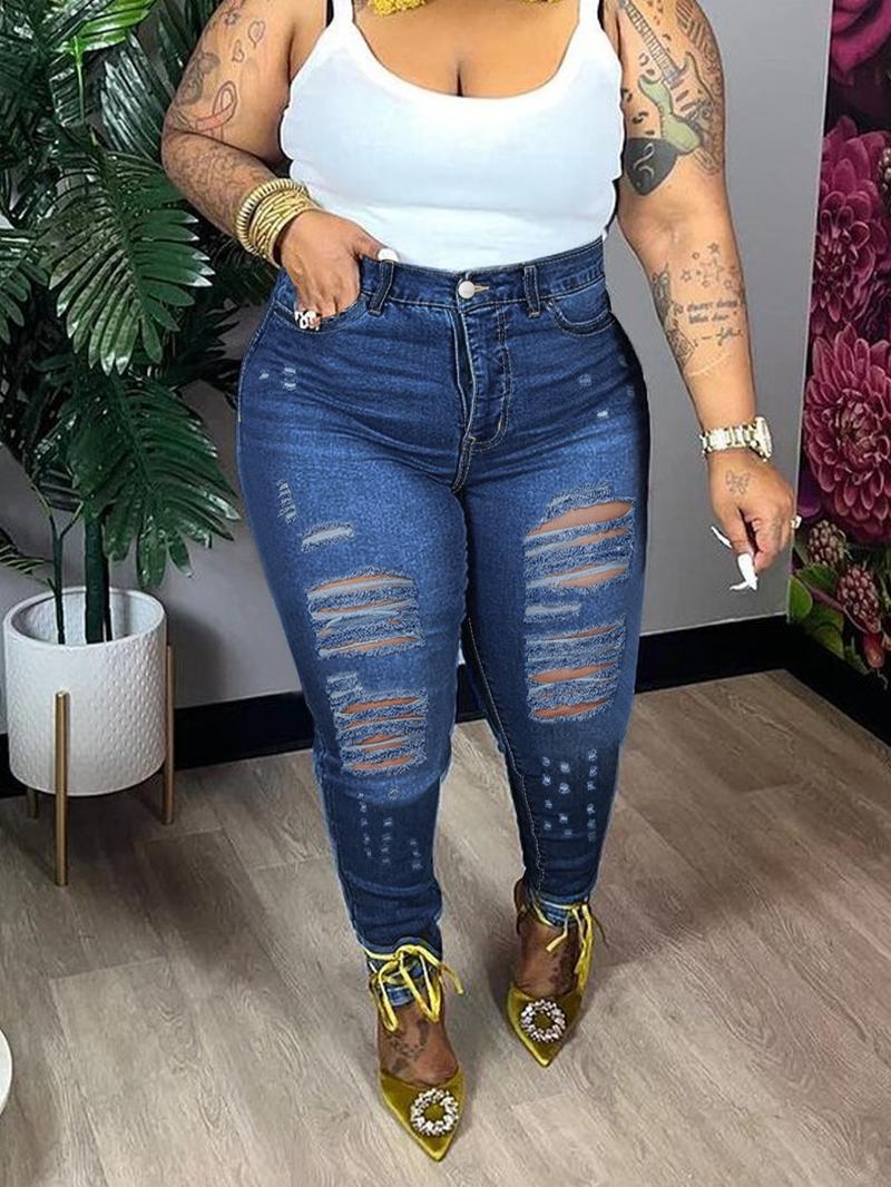 Plus Size High Waisted Denim Jeans, Sexy Tight-Fitting Casual Ripped Skinny Pants, Washable Stretchy Women's Fashion for All Seasons