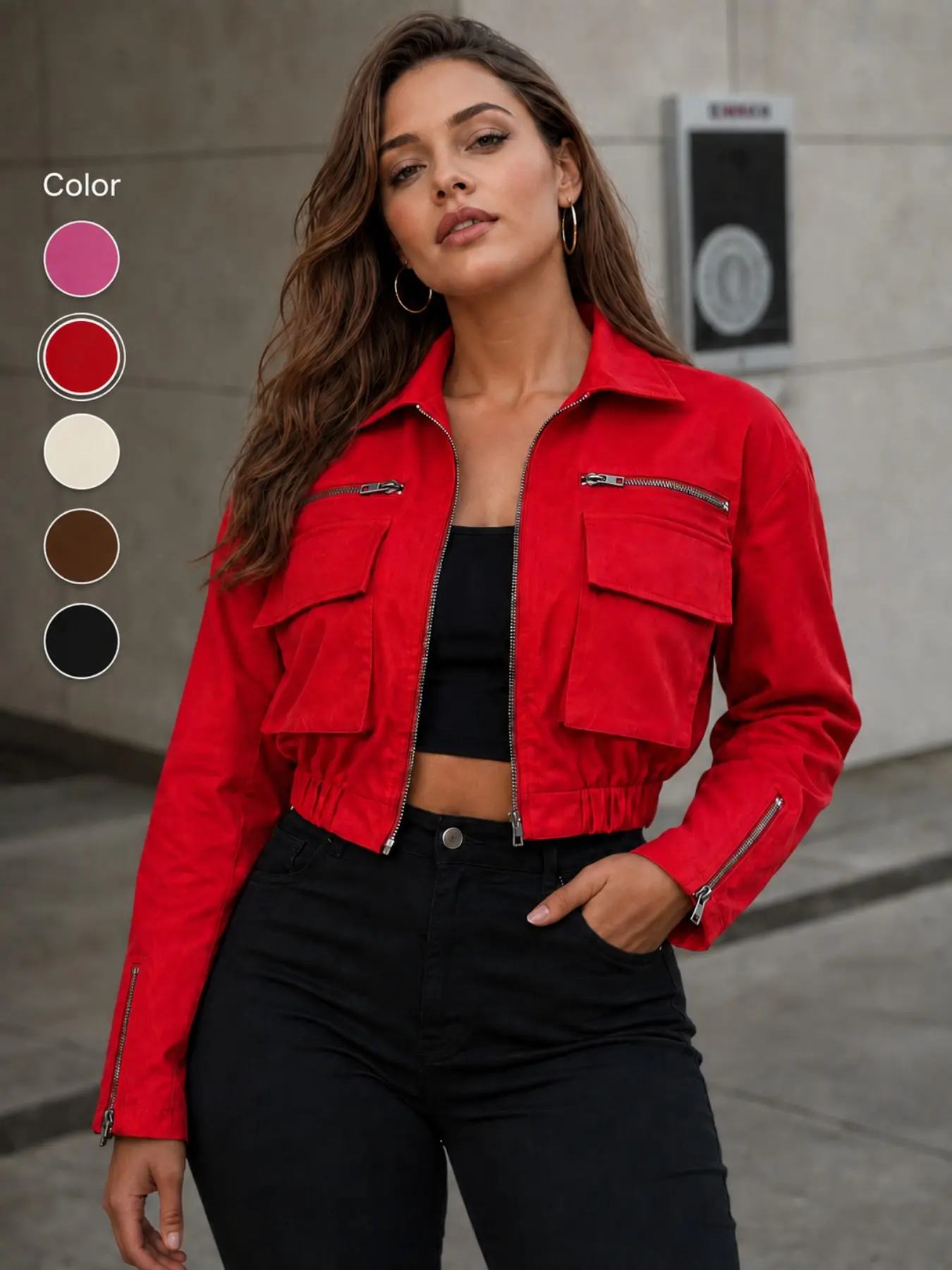 Women's Short Utility Jacket, Classic Collar, Full-Length Metal Zipper, Padded Pockets, Retro, High-Quality Material